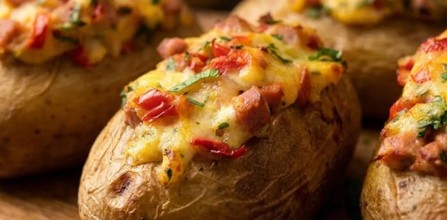 طرز تهیه سیبزمینی تنوری با پنیر و مورتادلا طرز تهیه سیبزمینی تنوری با پنیر و مورتادلا
